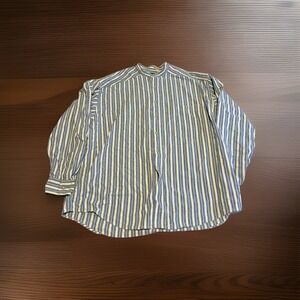 Johnny Cotton Men's Long Sleeve Banded Collar Button Up Shirt Blue stripes L VTG